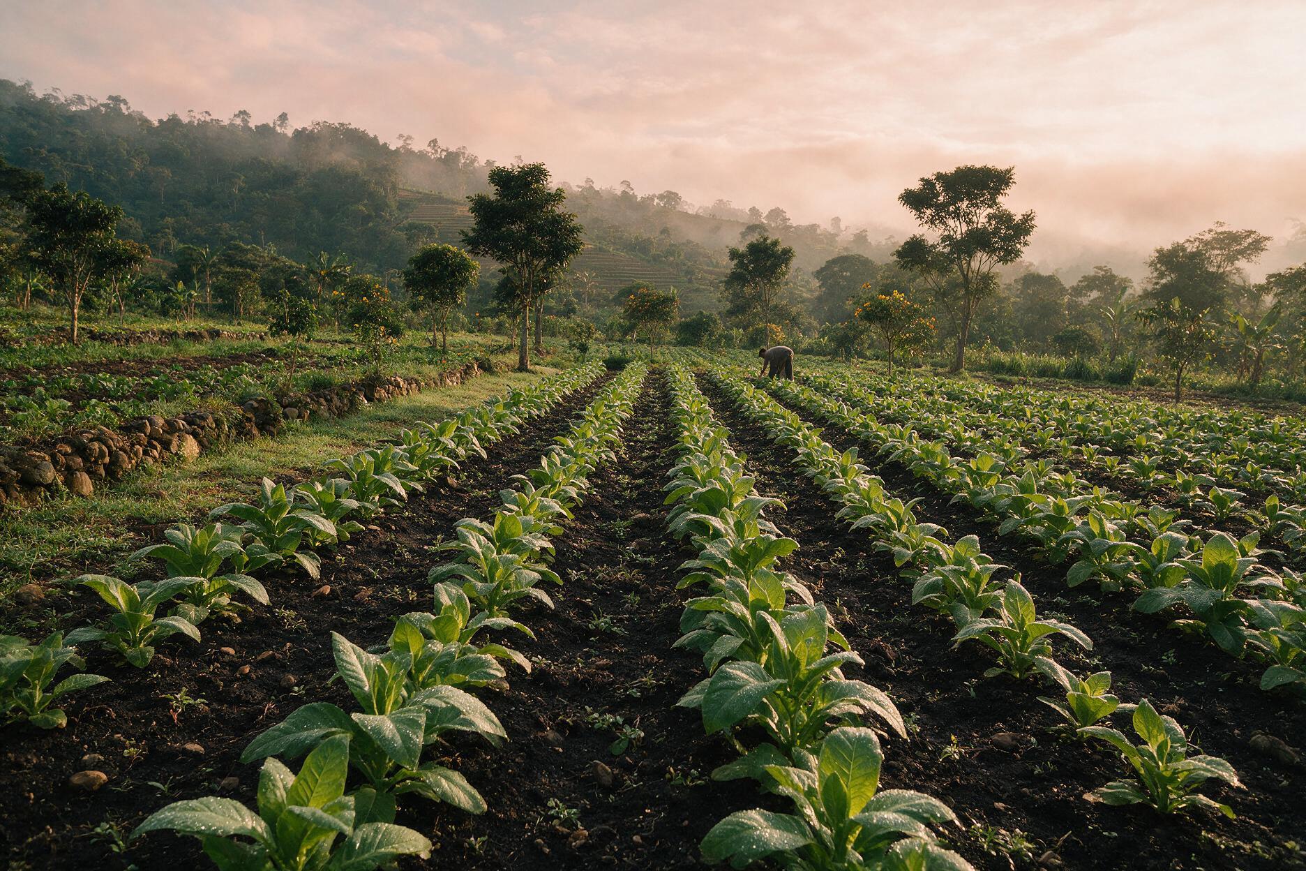 Organic farm with shade trees below a volcano