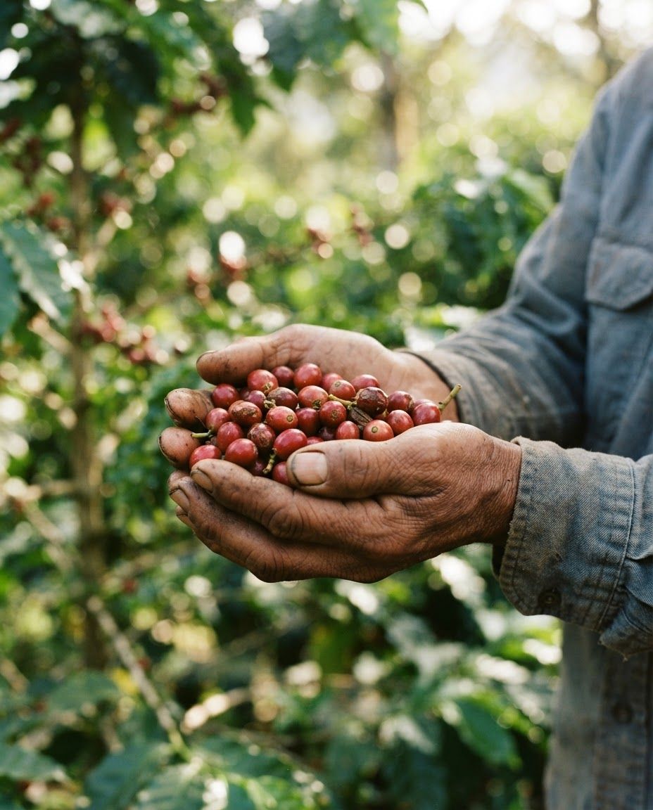 Hands holding freshly picked red coffee cherries
