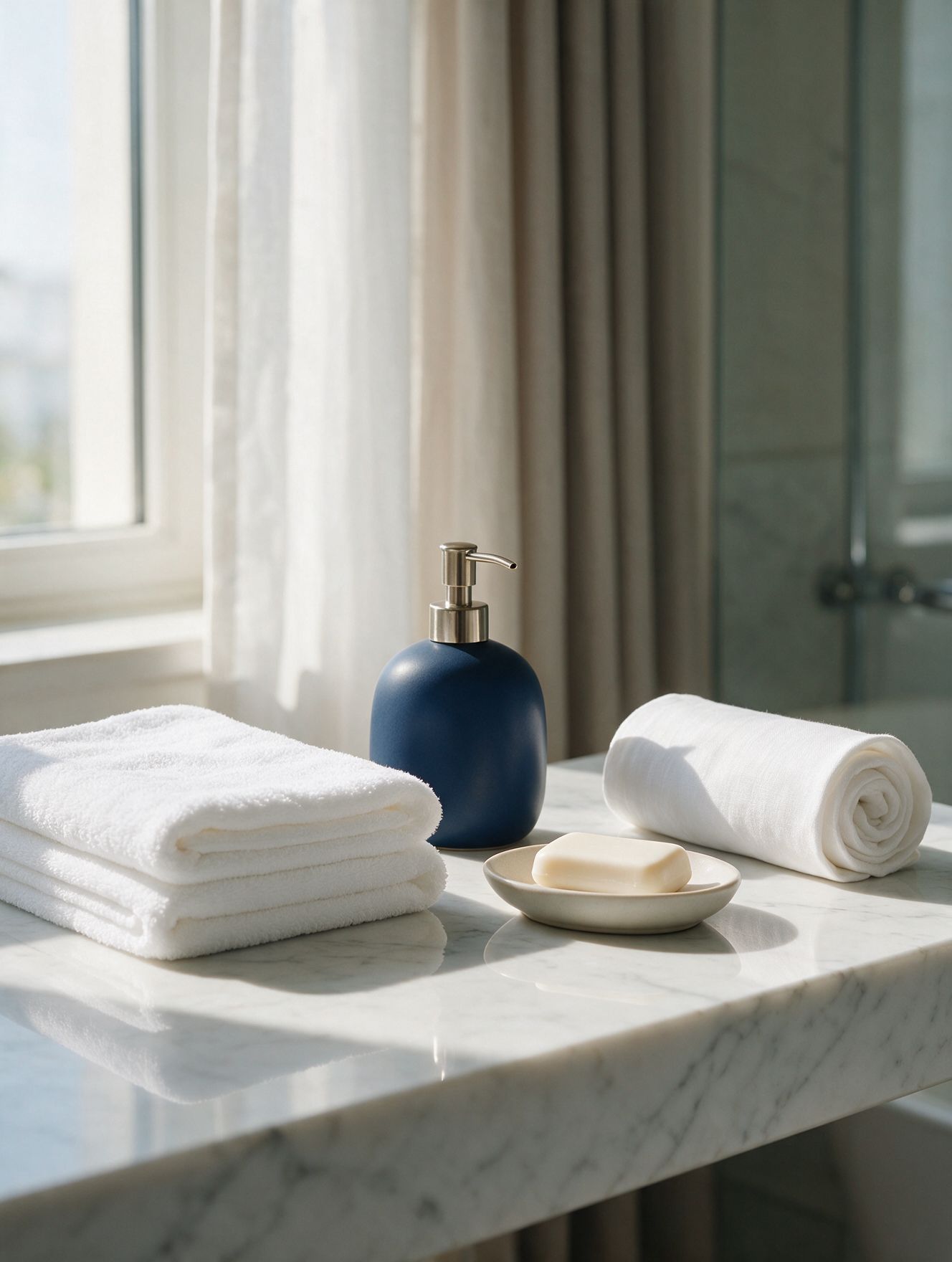 Folded white towels, soap and a navy amenity bottle on marble