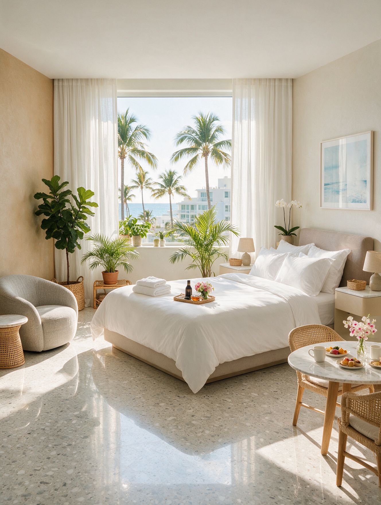 Bright hotel suite with palm trees outside the window