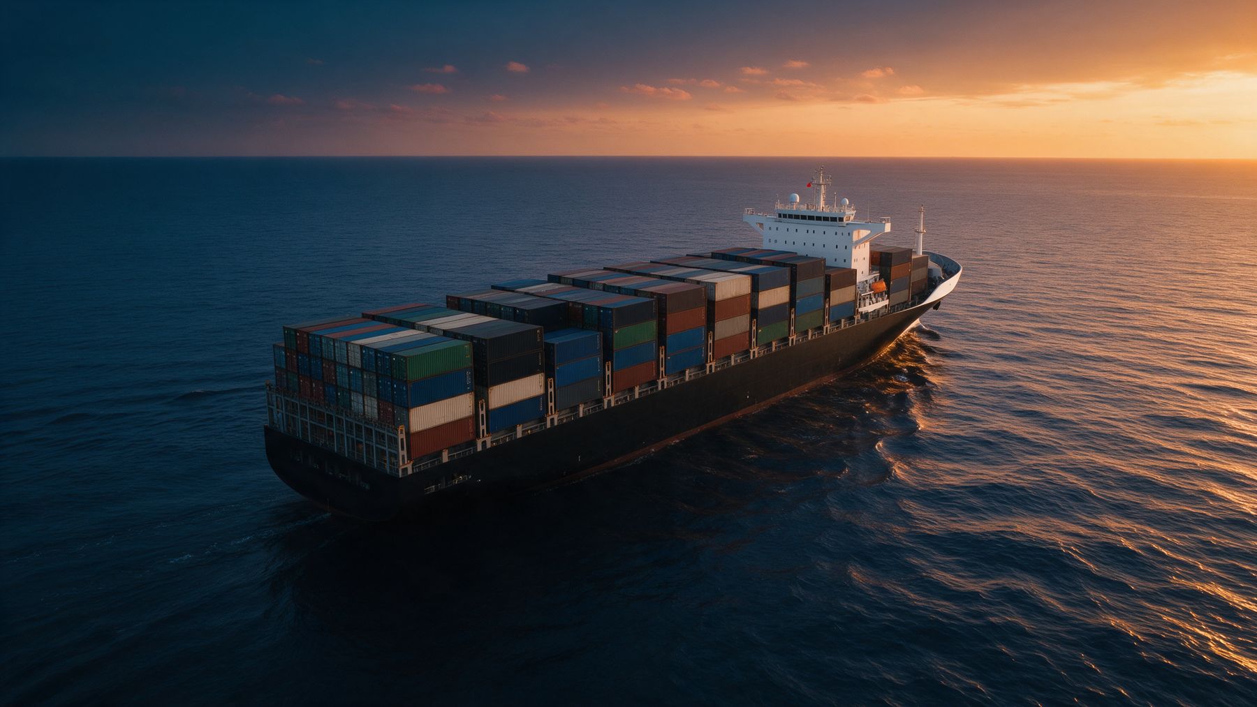 Container ship at sea at dusk